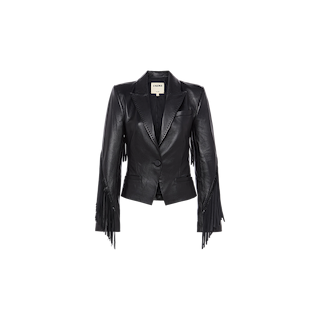 The Vashti Fringed Leather Blazer is crafted from Italian black lambskin leather, featuring two buttons, notched lapels, and bold fringe detailing along the sleeves, shown against a plain white background.