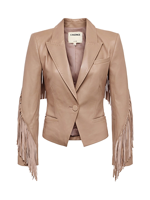 The Vashti Fringed Leather Blazer features light brown Italian lambskin, western-inspired fringe sleeves, a tailored hourglass fit, single button closure, notched lapels, and an interior “L’AGENCE” brand label.