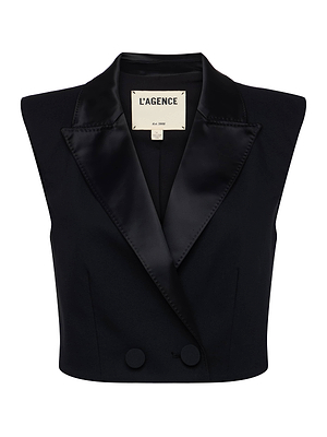 The Hollis Vest by L’AGENCE features a women's cropped fit, black satin lapel, two front buttons, and an inner collar label—ideal for a modern power suit look.