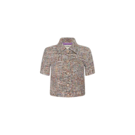 The Chita Tweed Jacket is a cropped, short-sleeved multi-colored tweed piece featuring large buttons and a collar, displayed on a plain white background.