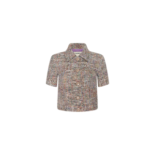 The Chita Tweed Jacket is a short-sleeve, multi-colored tweed jacket featuring large front buttons and a collar; this cropped design is shown against a plain white background.