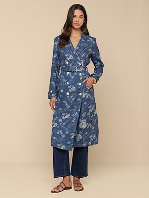L'AGENCE Bradley Linen Trench Coat In Navy Floral Print L'AGENCE Bradley Linen Trench Coat In Navy Floral Print
