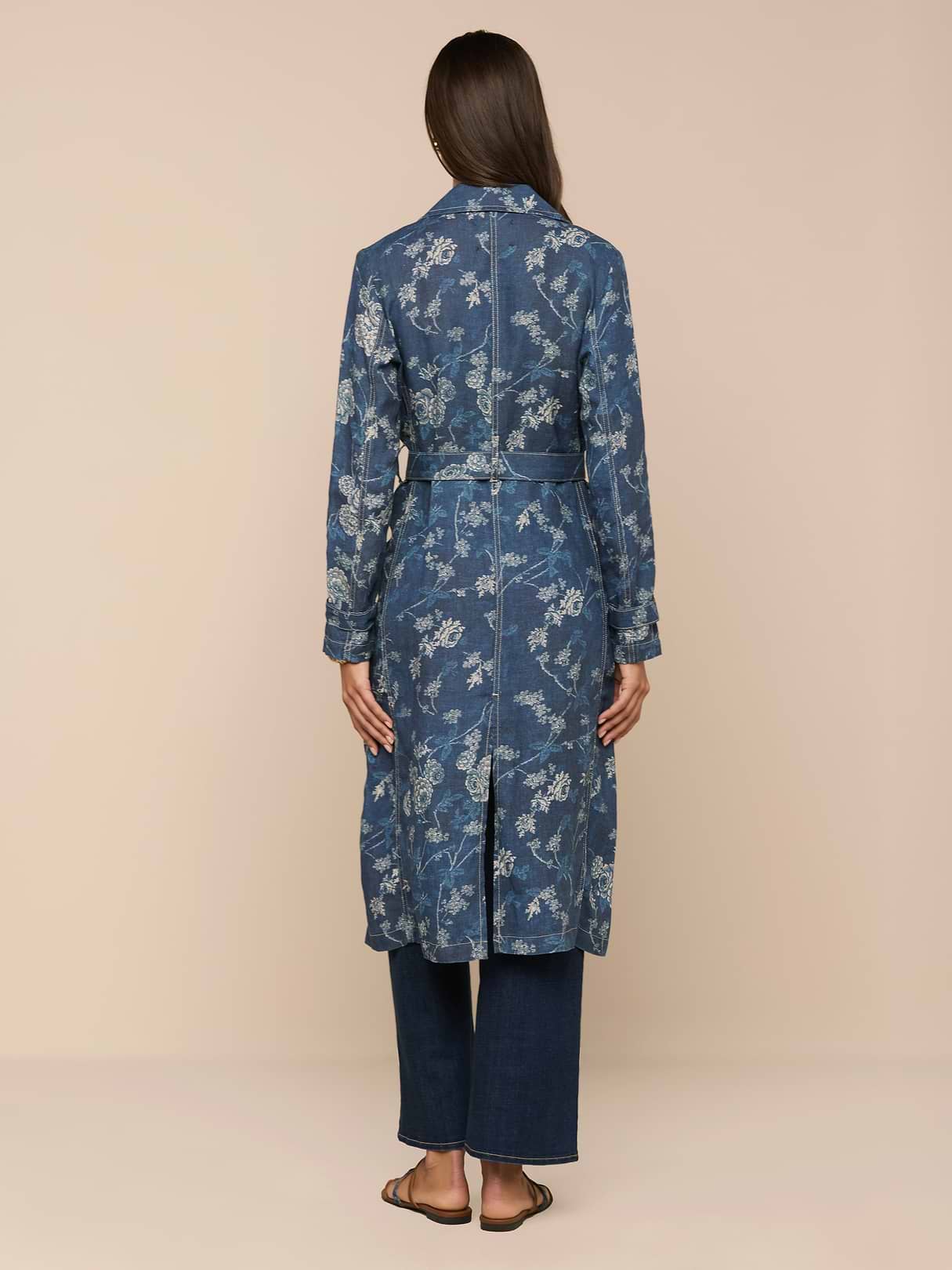 Bradley Linen Trench Coat in Navy Floral Print | L'AGENCE