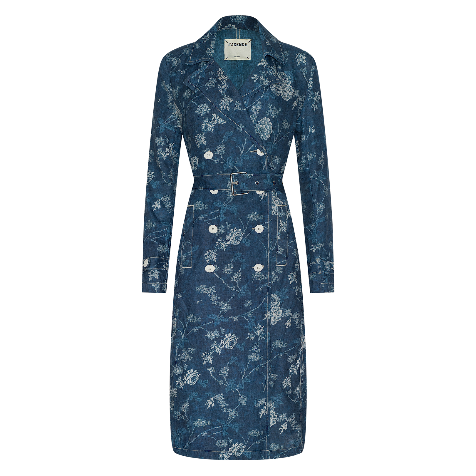 The Bradley Linen Trench Coat is a blue, double-breasted trench coat featuring a belted waist and white floral print—this classic outer layer blends elegance and versatility, shown against a plain white background.