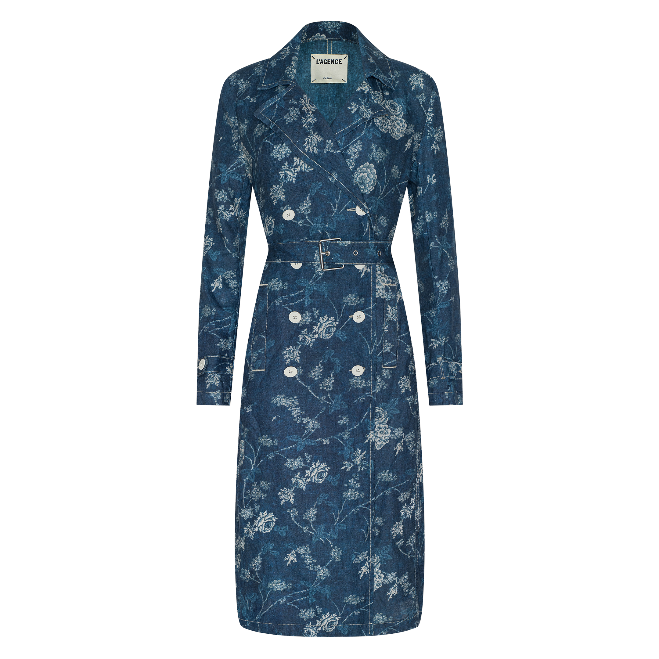 The Bradley Linen Trench Coat is a blue, double-breasted trench coat featuring a belted waist and white floral print—this classic outer layer blends elegance and versatility, shown against a plain white background.