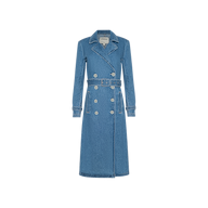 The Bradley Trench Coat is a long blue denim trench coat in a medium wash, featuring double-breasted buttons, a notched collar, a belted waist, and front pockets. Crafted from lightweight denim for comfort and style, it is displayed on a plain white background.