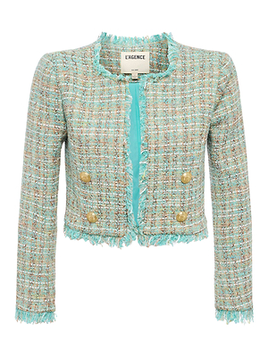 The Clydie Cropped Tweed Jacket by L'AGENCE Sale is crafted in pastel blue and beige Italian tweed, featuring gold buttons, long sleeves, fringed trims, a teal lining, and a label reading LAGENCE.
