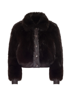 The Claira Faux Fur Jacket by L'AGENCE features dark brown long-hair faux fur, a plush textured look, ribbed cuffs, a high collar, and button-up front—making it a stylish cold weather essential.