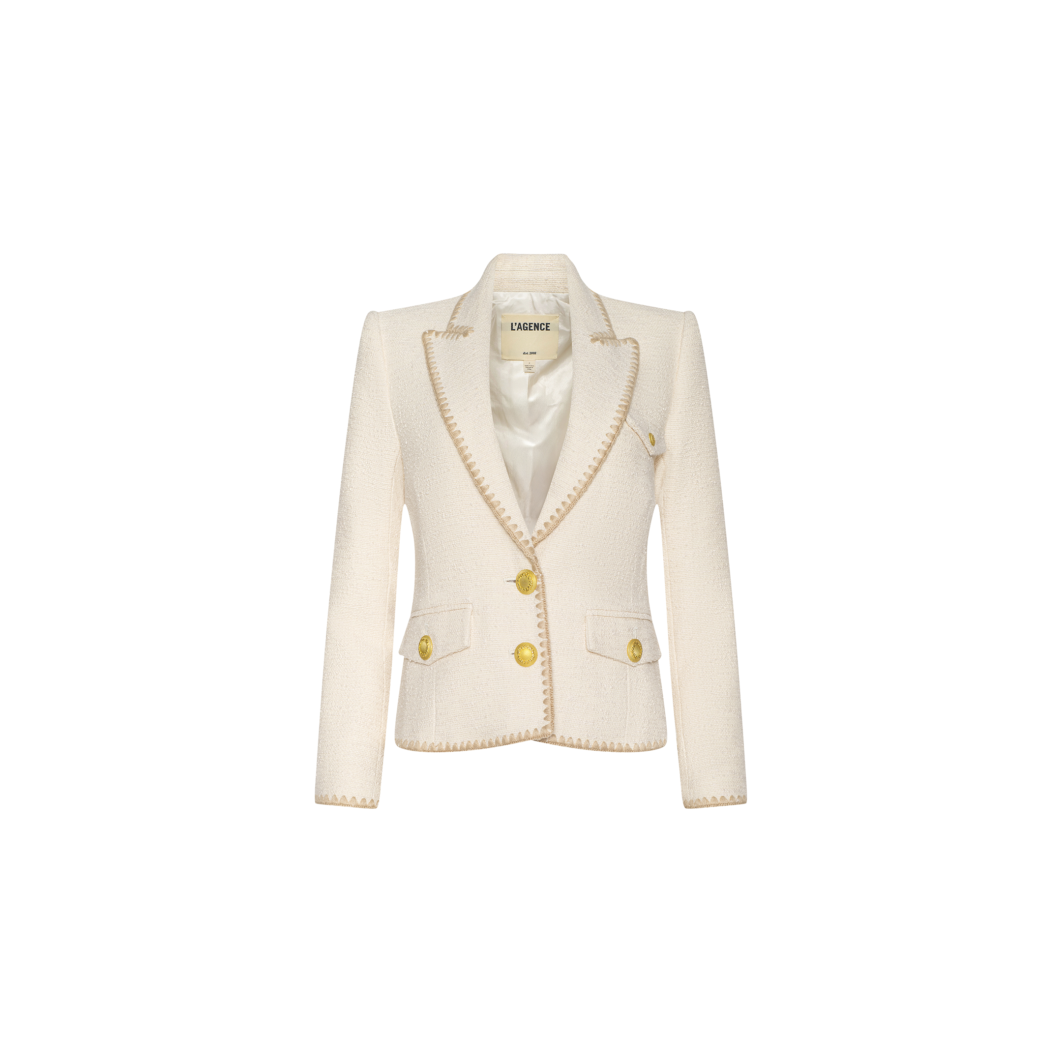 The Wylla Tweed Blazer is a neutral ecru women’s blazer featuring gold buttons, beige embroidered trim along the edges, two front pockets, and a notched collar, displayed on a plain white background.