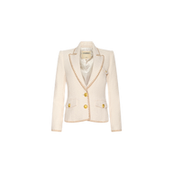The Wylla Tweed Blazer is a neutral ecru women’s blazer featuring gold buttons, beige embroidered trim along the edges, two front pockets, and a notched collar, displayed on a plain white background.