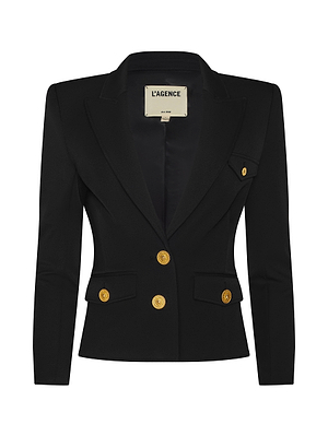 The Wylla Blazer is a tailored black single-breasted blazer with notched lapels, gold buttons on the front and pockets, and an inner L’AGENCE label. Its fitted silhouette is crafted from stretch suiting for comfort and style.