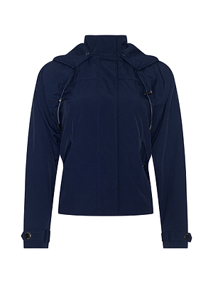 The Geovana Hooded Windbreaker is a navy blue, water-repellent jacket featuring long sleeves, a front zipper, adjustable hood drawstrings, and buttoned cuffs—perfect for travel with its simple, modern design.