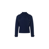 The Geovana Hooded Windbreaker is a navy blue, long-sleeve jacket with a front zipper, adjustable cuffs, and a water-repellant finish. It features a removable hood and is displayed against a plain white background.