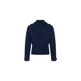 The Geovana Hooded Windbreaker is displayed on a plain white background. It features a navy blue color, front zipper closure, long sleeves with adjustable cuff straps, a removable hood, and water-repellent fabric.