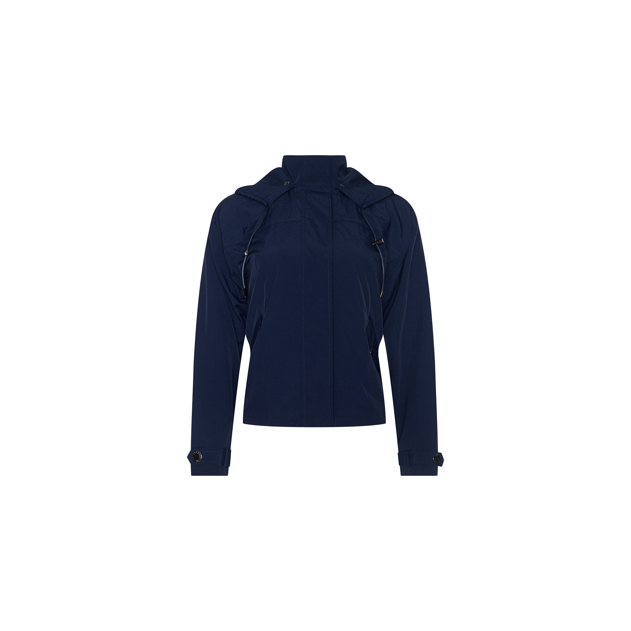 The Geovana Hooded Windbreaker is a navy blue, long-sleeve jacket with a front zipper, adjustable cuffs, and a water-repellant finish. It features a removable hood and is displayed against a plain white background.