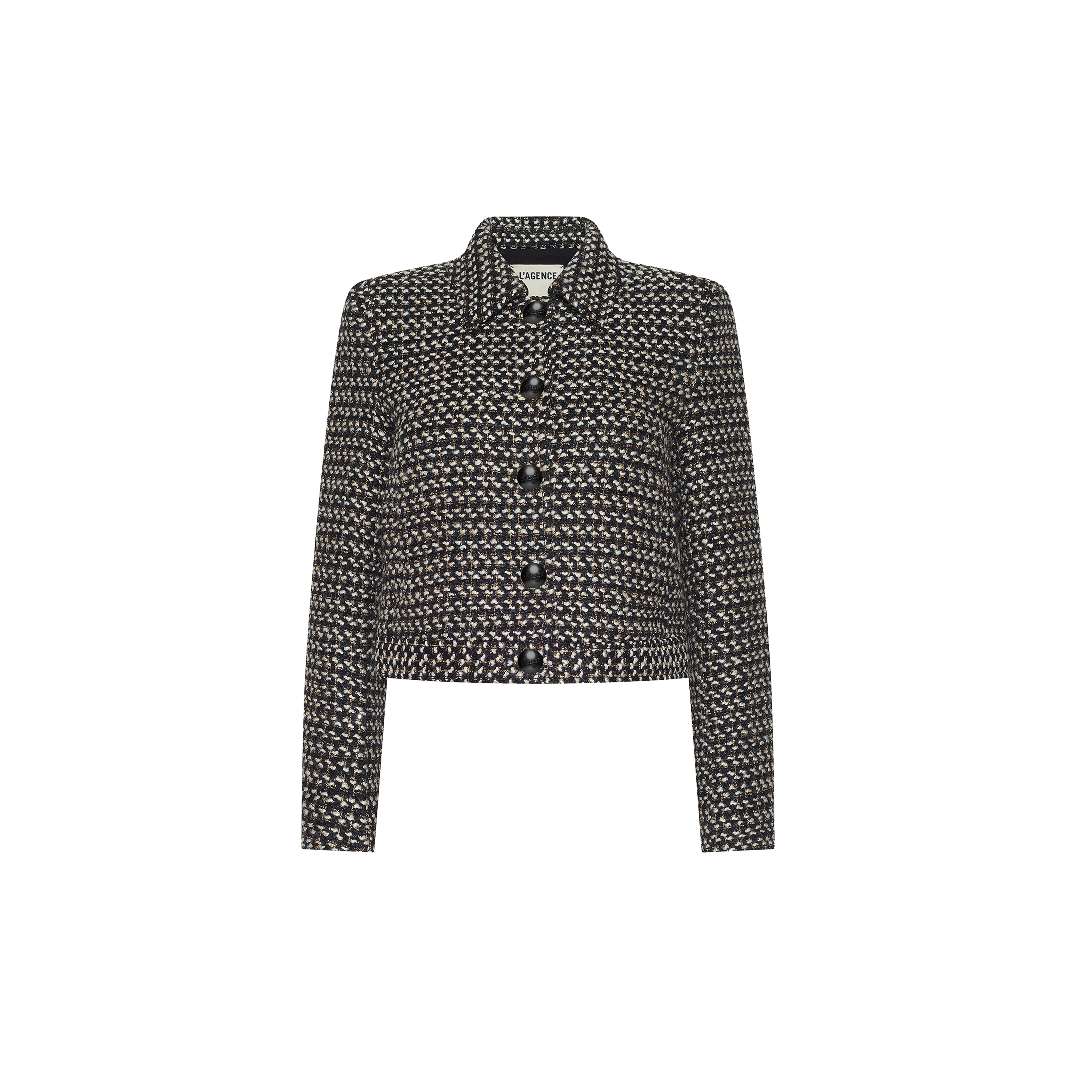 Marla Cropped Jacket in a black and white tweed with a pointed collar and black button front.