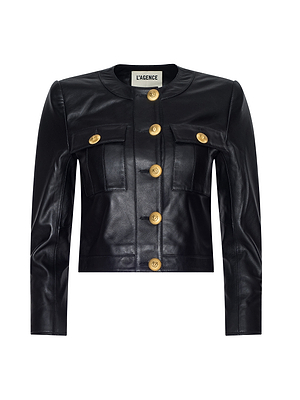 Black leather jacket with gold buttons on a white background