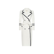 Discover the Irene Long Coat — an ivory double-breasted, knee-length design crafted from Italian recycled wool. This tailored coat features striking black trim along the collar, lapels, cuffs, and front edge, a matching waist belt, two rows of buttons, and a refined silhouette.
