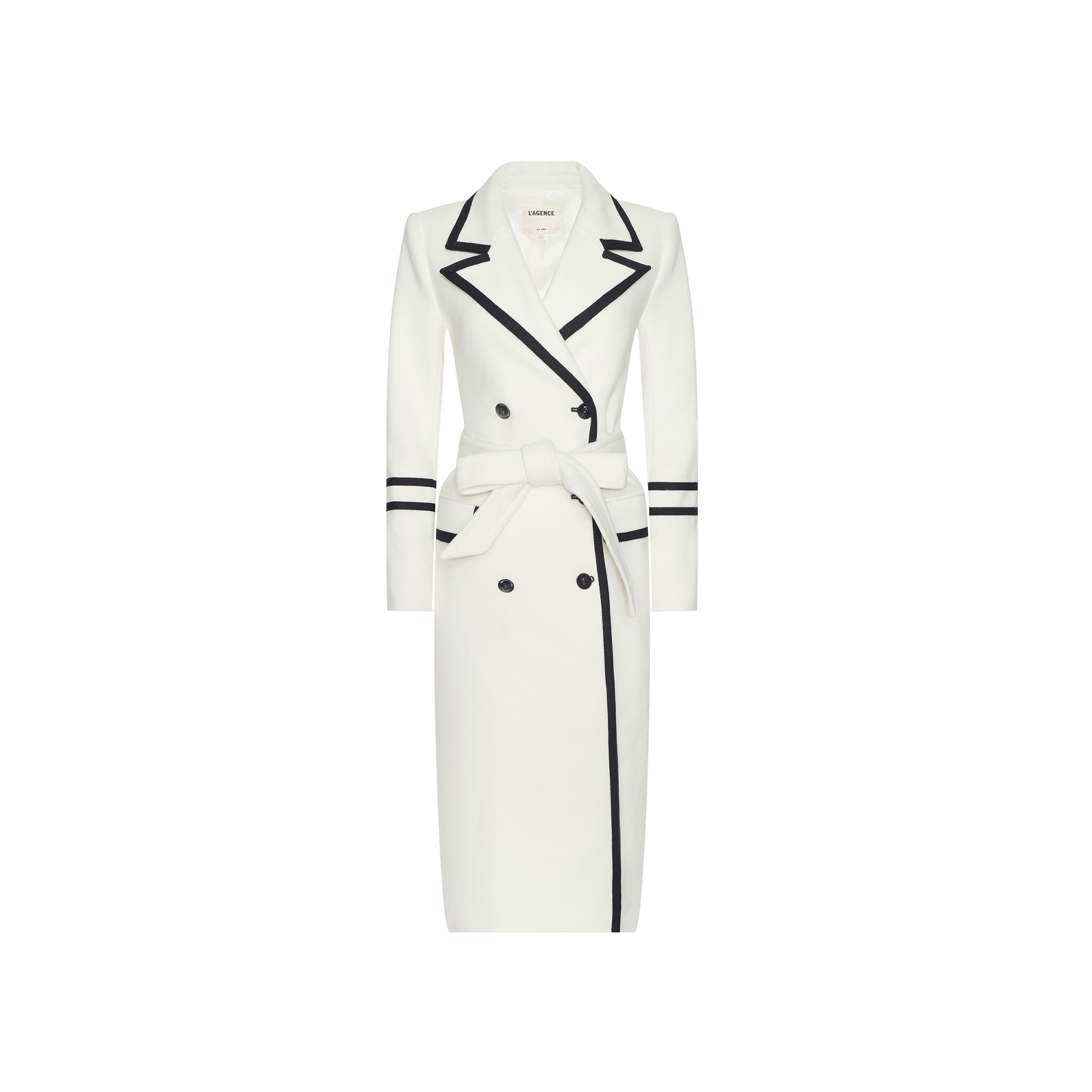 Discover the Irene Long Coat — an ivory double-breasted, knee-length design crafted from Italian recycled wool. This tailored coat features striking black trim along the collar, lapels, cuffs, and front edge, a matching waist belt, two rows of buttons, and a refined silhouette.