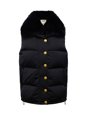 The Nalo Faux Fur Puffer Vest by L'AGENCE features an oversized black design with a wide faux fur collar and gold front buttons, offering stylish warmth for cold-weather looks. Shown here against a white background.