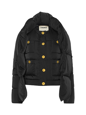 The Juana Scarf Puffer Jacket features gold buttons, two front pockets, and a visible LAGENCE label inside the collar, shown against a white background.