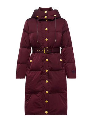 The Bryson Maxi Puffer Coat by L'AGENCE is a maroon down-filled coat with a hood, gold snap buttons, matching belt with gold buckle, large front pockets, drawstring hood, and a patch on the left sleeve.
