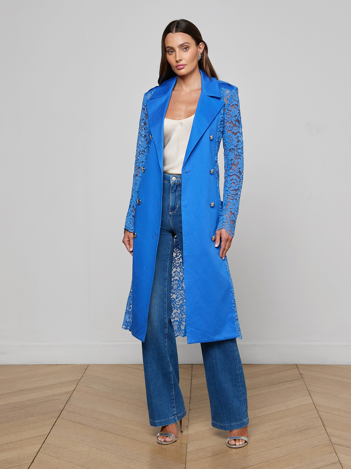 美品✨Ameri VINTAGE RUSSELL LACE SHIRT COAT Amata Lace Trench Coat in Regatta Blue | L'AGENCE