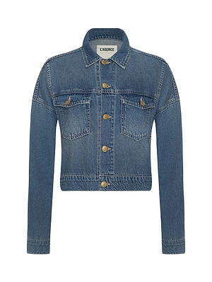 The Vianney Jean Jacket by L’AGENCE is a blue, vintage-wash denim jacket with long sleeves, front buttons, two button-flap chest pockets, a collar, and a classic slightly cropped fit.