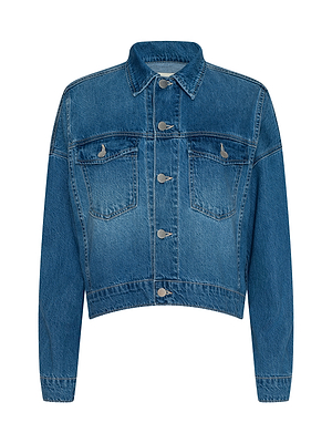 The Vianney Jean Jacket is a cropped, light wash denim jacket featuring long sleeves, front button closure, two chest flap pockets, and a classic collar.