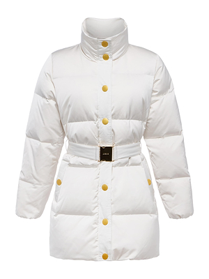 The Loretta Puffer Coat by L'AGENCE features an ivory hue, high collar, gold front buttons, and a statement belt with a gold buckle for a modern, chic look.