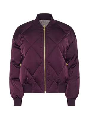 The Violeta Reversible Puffer by L'AGENCE features a plum quilted satin finish, gold zipper, ribbed collar, cuffs and hem, and side button details.