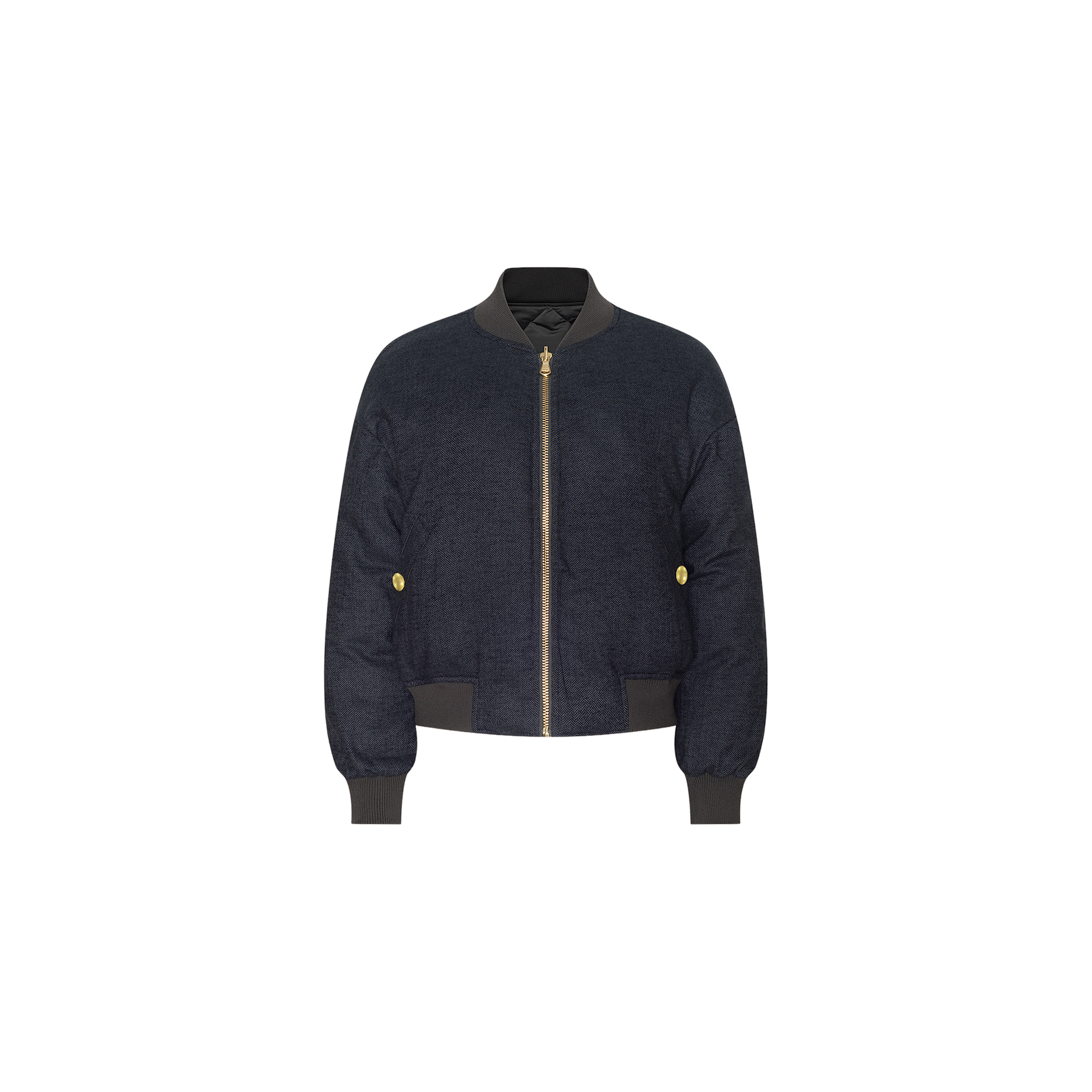 The Violeta Reversible Puffer is a navy blue bomber jacket featuring a gold zipper, ribbed cuffs, collar, and hem, as well as two gold button details on the sides, displayed against a plain white background.