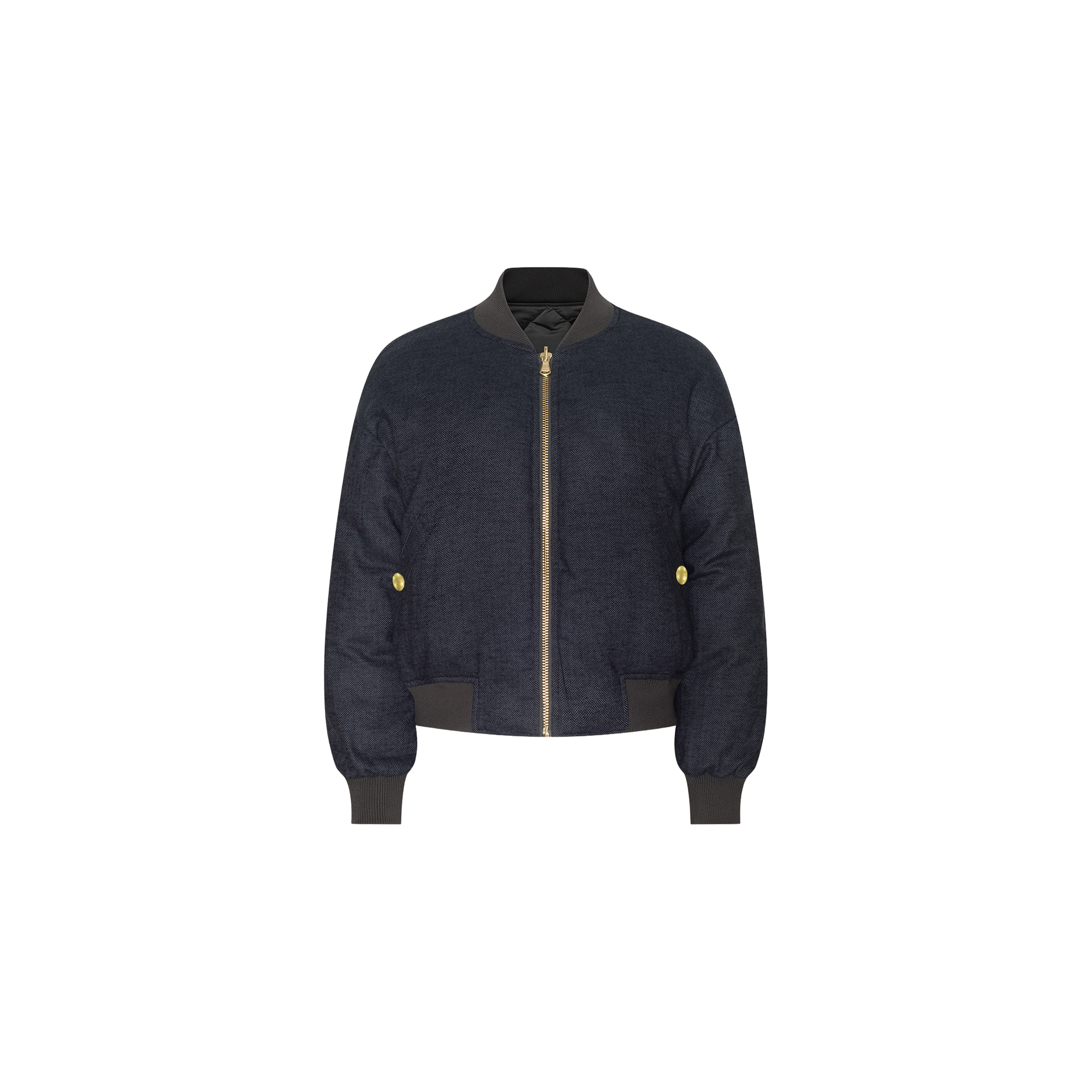The Violeta Reversible Puffer is a navy blue bomber jacket featuring a gold zipper, ribbed cuffs, collar, and hem, as well as two gold button details on the sides, displayed against a plain white background.
