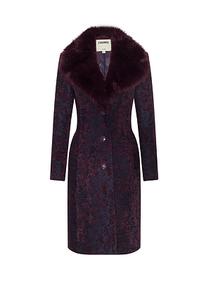 The Laney Jacquard Coat is a long, dark plum coat with a textured floral pattern, wide plush faux fur collar, and front button closure—ideal for a historical romance vibe or Fall 2026 inspiration. Label: LAGENCE.