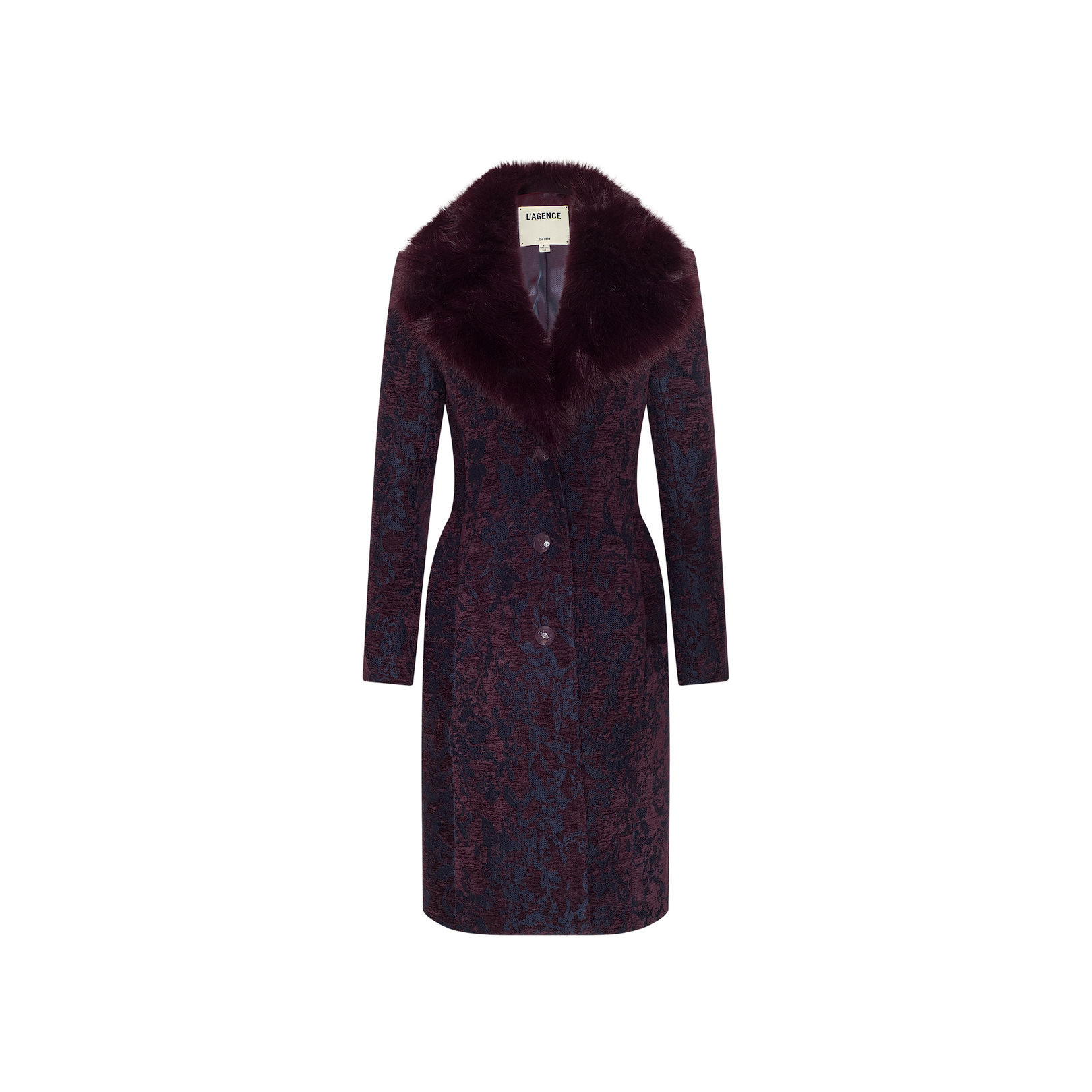 The Laney Jacquard Coat is a vintage-inspired long outerwear piece crafted from dark purple textured jacquard. It features a wide faux fur collar, button closure, and two front pockets, showcased against a plain white background.