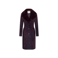 The Laney Jacquard Coat is a vintage-inspired long outerwear piece crafted from dark purple textured jacquard. It features a wide faux fur collar, button closure, and two front pockets, showcased against a plain white background.