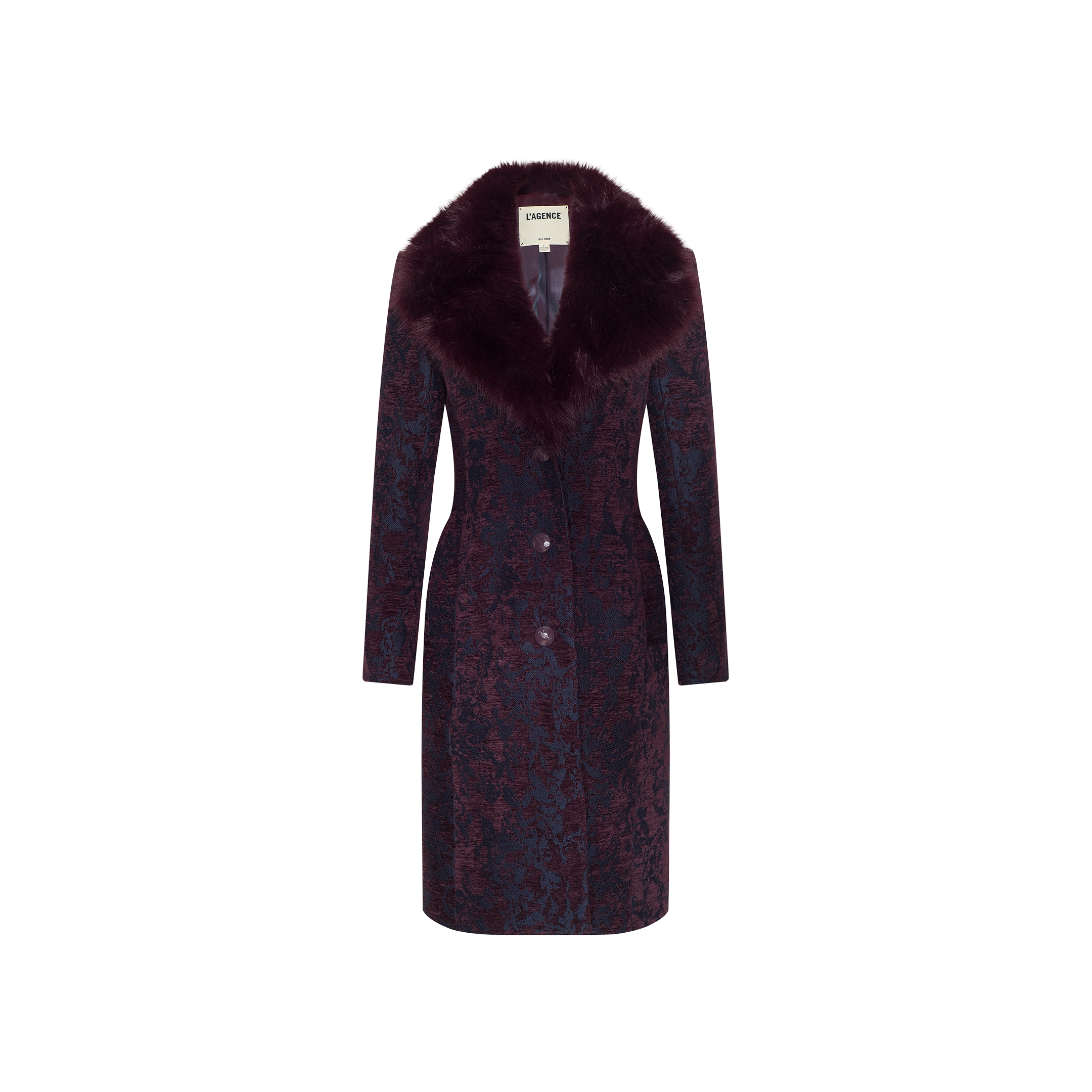 The Laney Jacquard Coat is a vintage-inspired long outerwear piece crafted from dark purple textured jacquard. It features a wide faux fur collar, button closure, and two front pockets, showcased against a plain white background.