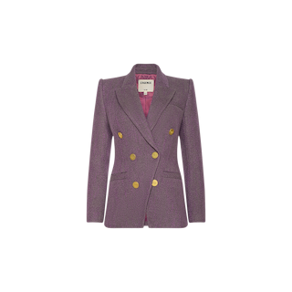 The Kyomi Double-Breasted Blazer, featuring a purple herringbone pattern, gold buttons, and a notched collar, is displayed on a plain white background.