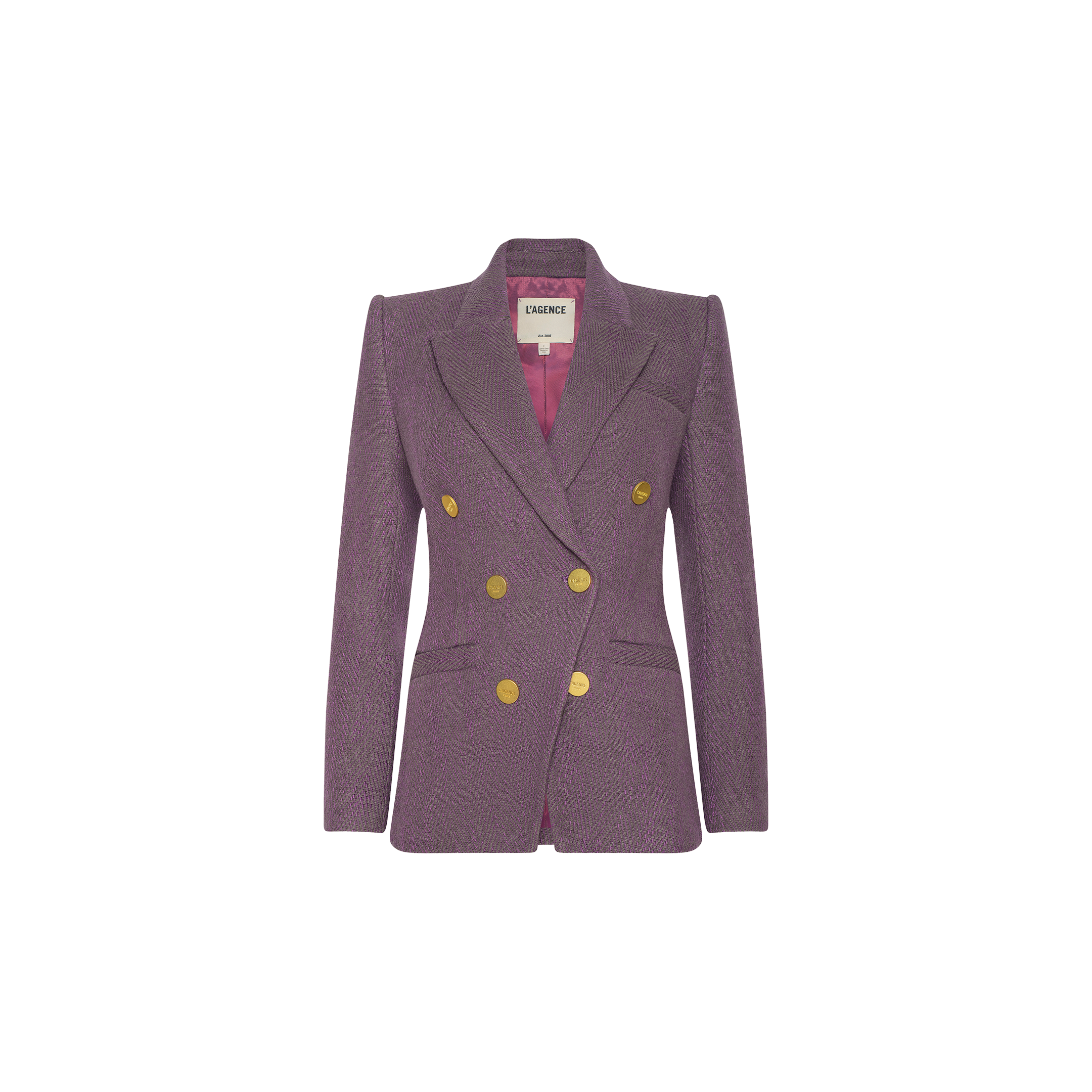 The Kyomi Double-Breasted Blazer is a tailored purple herringbone jacket featuring gold double-breasted buttons, structured shoulders, notched lapels, and a pink patterned lining, displayed on a plain white background.