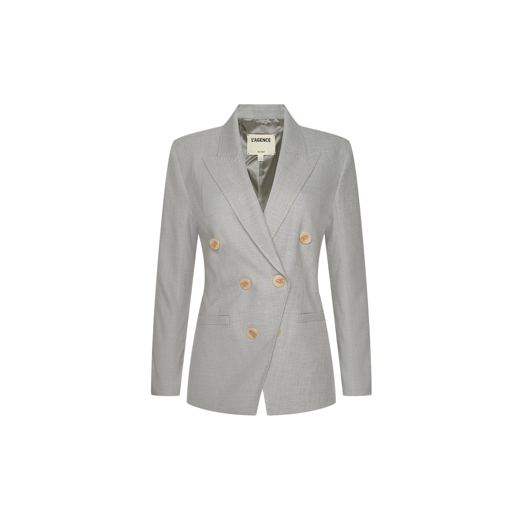 Kyomi Double-Breasted Blazer in Light Grey/Tan Pinstripe | L'AGENCE