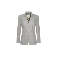 The Kyomi Double-Breasted Blazer features a light gray hue, tan buttons, long sleeves, and notch lapel, shown in a fashion presentation inspired by Paris Fashion Week Spring 2027.
