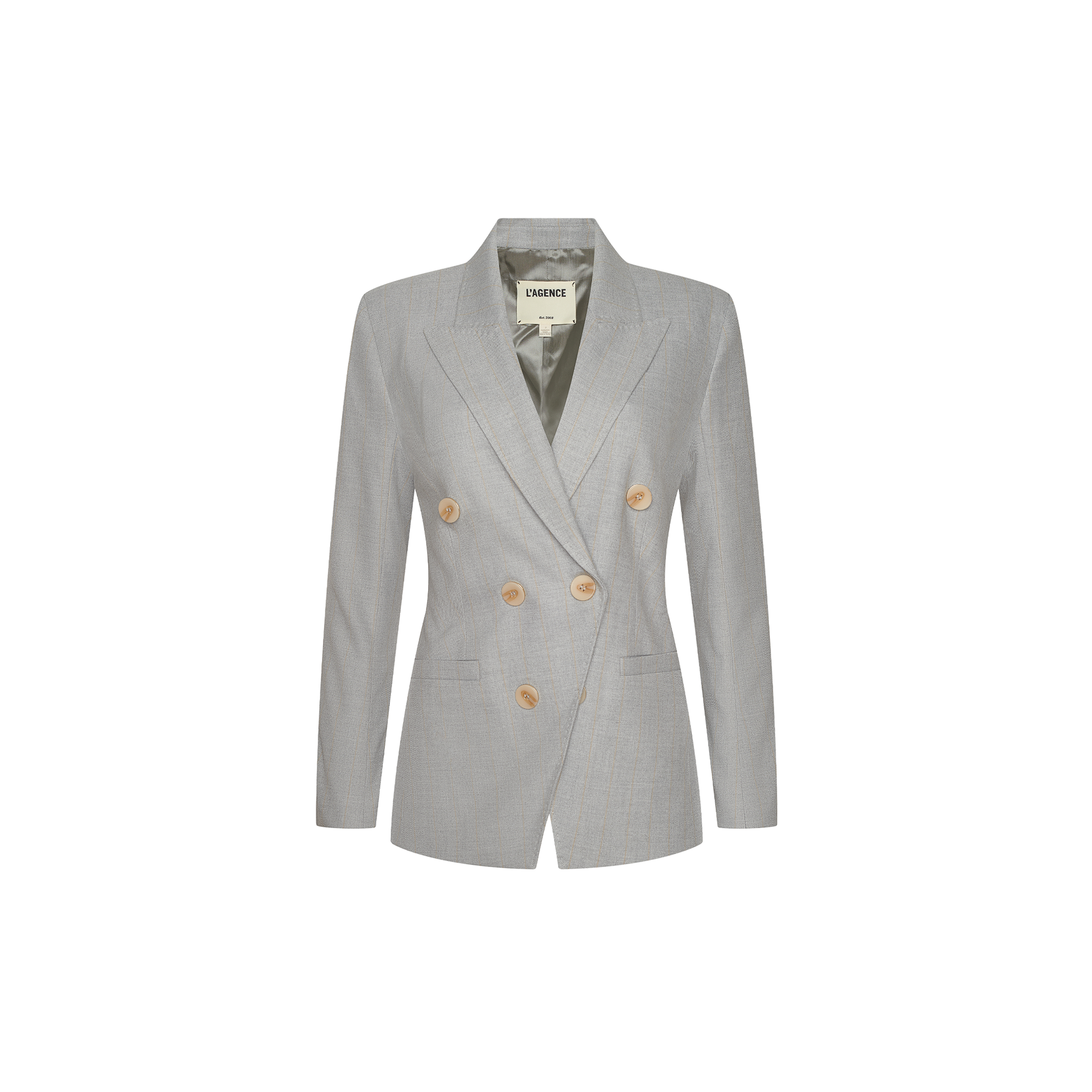 The Kyomi Double-Breasted Blazer features a light gray hue, tan buttons, long sleeves, and notch lapel, shown in a fashion presentation inspired by Paris Fashion Week Spring 2027.