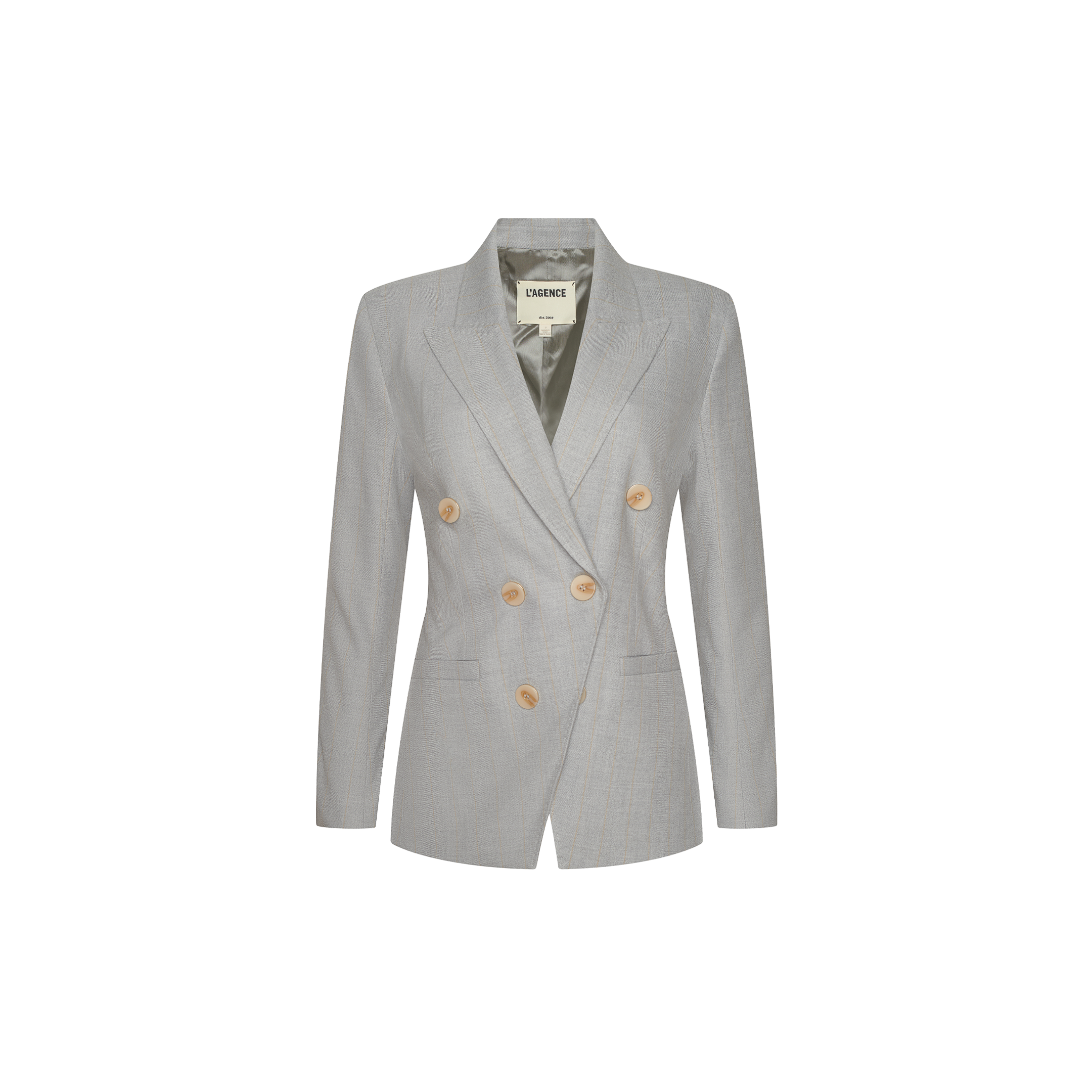 The Kyomi Double-Breasted Blazer features a light gray hue, tan buttons, long sleeves, and notch lapel, shown in a fashion presentation inspired by Paris Fashion Week Spring 2027.