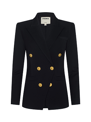 The L'AGENCE Kyomi Double-Breasted Blazer is a tailored women's black blazer with gold buttons, notched lapels, and two front pockets, shown on a white background.