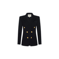 The Kyomi Double-Breasted Blazer, featuring six gold buttons and a notched lapel in classic black, is displayed on a plain white background and offers a chic update to the timeless women’s blazer style.