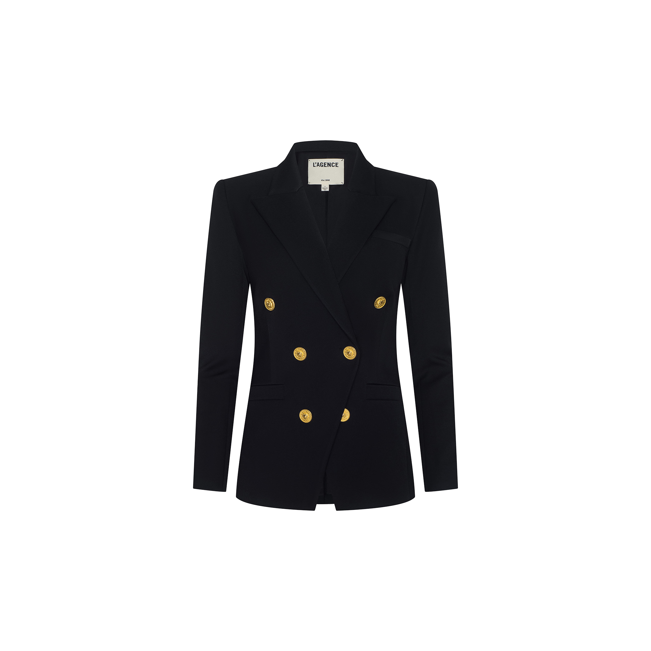 The Kyomi Double-Breasted Blazer, featuring six gold buttons and a notched lapel in classic black, is displayed on a plain white background and offers a chic update to the timeless women’s blazer style.