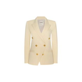 The Kyomi Double-Breasted Blazer features a cream hue, gold buttons, notched lapels, and a tailored fit, displayed against a plain white background—an elegant choice for sophisticated occasions.