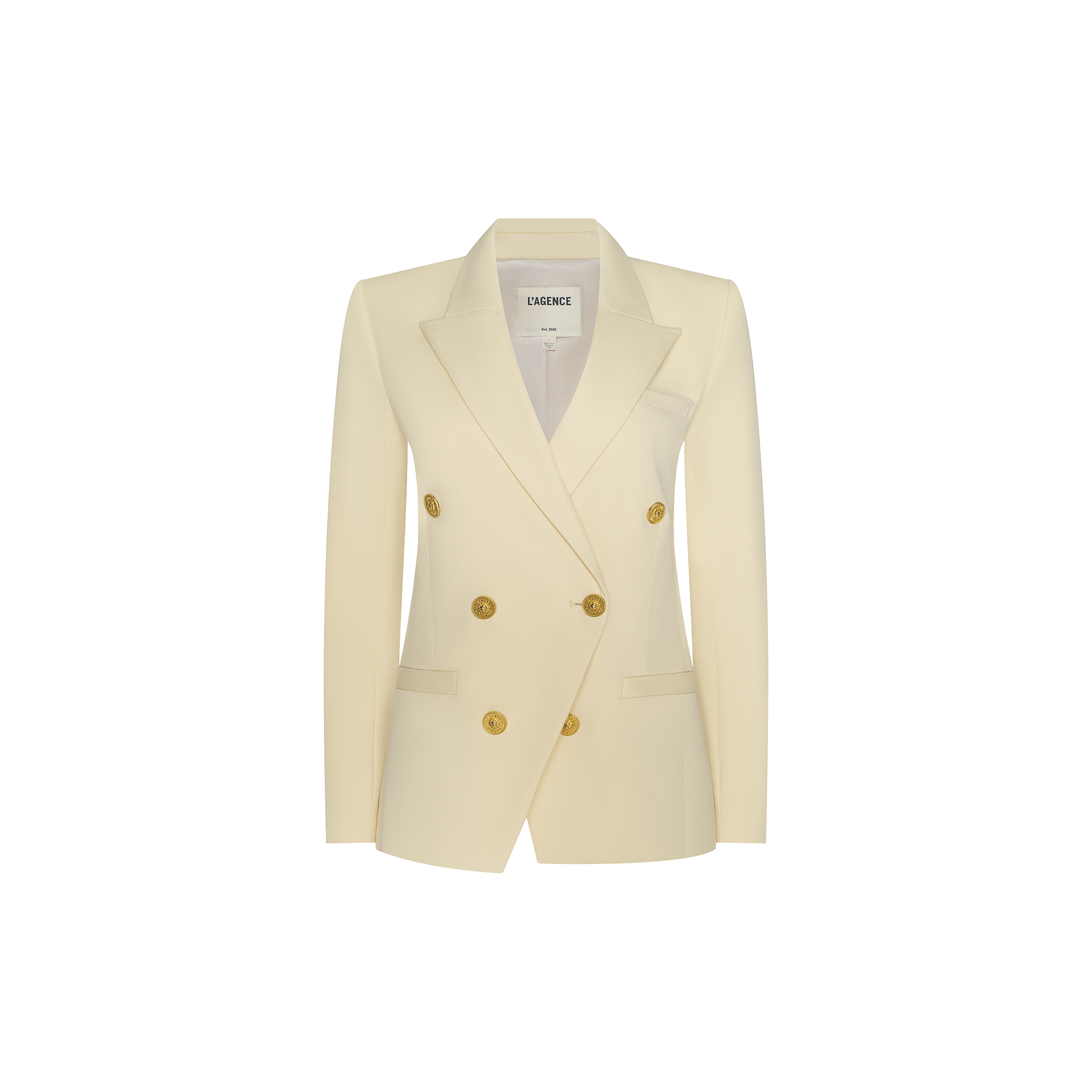 The Kyomi Double-Breasted Blazer, featuring a cream hue, gold buttons, notched lapels, and flap pockets, is showcased against a plain white background.