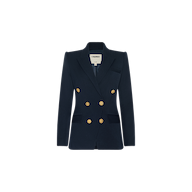 The Kyomi Double-Breasted Blazer, featuring a tailored fit in midnight navy with gold buttons, structured shoulders, and front pockets, is displayed against a plain white background.