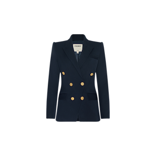 The Kyomi Double-Breasted Blazer in midnight navy features gold buttons, sharp lapels, and two front pockets, displayed against a plain white background. This tailored blazer exudes timeless sophistication and effortless style.